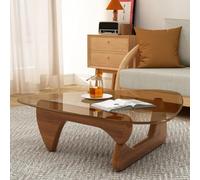 Solid Oak Wood Triangle Side Table with Tempered Glass Top - Minimalist Geometric Accent Table for Living Room, Modern Design for Small Spaces