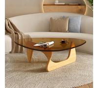 Solid Oak Wood Triangle Side Table with Tempered Glass Top - Minimalist Geometric Accent Table for Living Room, Modern Design for Small Spaces