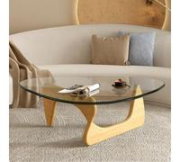 Solid Oak Wood Triangle Side Table with Tempered Glass Top - Minimalist Geometric Accent Table for Living Room, Modern Design for Small Spaces