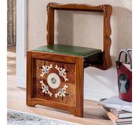 Solid Oak Wood Wall Mounted Shoe Changing Stool, Folding Footrest with Hand Carved and Leather Padded Seat, Loading Capacity 100kg for Home Use