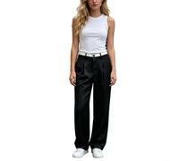 Solid Polyester Casual Trousers Medium Stretch Fabric | High waist design, double button closure, pleated front, straight leg , flattering silhouette