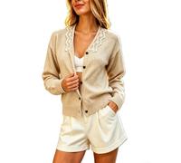 Solid Polyester Knit Cardigan Women V Neck Lace Trim | for V neck design, lace spliced detail, solid color style, loose for fit, spring autumn wear