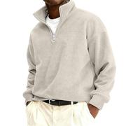 Solid Quarter Zip Sweatshirt Mens Micro-fleece Mock Neck Fleece Jumper Retro Cotton Long Sleeve Heavy Winter V Neck Sweater Spring Smart Thermal Jumpers Mens Standing Collar Muscle Pullover Khaki