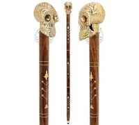 Solid Skull Head Design Cane Brown Wooden Walking Stick Vintage Gift for Men & Women, Skull Handel Walking Stick Hardwood Shaft Cane, Polished Brass Handle Walking Cane, Skull Knob Carved Cane