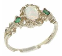 Solid Sterling 925 Silver Natural Opal & Emerald Victorian Style Ring Size P ring for October Engagement