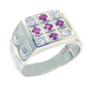Solid Sterling 925 Silver Natural Ruby & CZ England Flag Dad Mens Ring - Size P 1/2