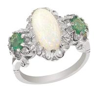 Solid Sterling 925 Silver Ring, Natural Opal & Emerald Victorian Inspired Ring Size M October birthday gift for wife
