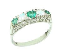 Solid Sterling Silver Natural Emerald & Opal Victorian Style Eternity Ring - Size U