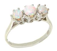 Solid Sterling Silver Natural Opal Trilogy Ladies Band Ring | Size V | October Birthday Silver Ring for Wife