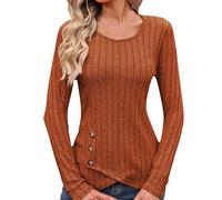 Solid T Shirt Women Long Sleeve Square Neck Button Trim Sweater Solid Color Ribbed Knit Lightweight Pullover Sweater Split Front Tops Print Tops And Blouses for Women (B, L)