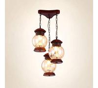 Solid Wood 3 Heads Chandeliers European Retro Wrought Iron Pendant Ceiling Lights Glass Lamp E27 Base Suspension Lamps Southeast Asian Style Hanging Light for Dining Room Aisle Bedroom