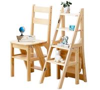 Solid Wood 3-in-1 Folding Ladder Chair, Convertible Step Stool & Display Rack, 4-Tier Multi-Functional Ladder, Dual Purpose for Home, Kitchen, Library, 150 kg Capacity (Natural Wood, 35 x 46 cm)