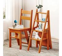 Solid Wood 3-in-1 Folding Ladder Chair, Convertible Step Stool & Display Rack, 4-Tier Multi-Functional Ladder, Dual Purpose For Home, Kitchen, Library, 150 Kg Capacity(Color:B)