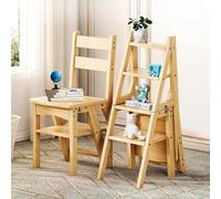 Solid Wood 3-in-1 Folding Ladder Chair, Convertible Step Stool & Display Rack, 4-Tier Multi-Functional Ladder, Dual Purpose For Home, Kitchen, Library, 150 Kg Capacity(Color:C)