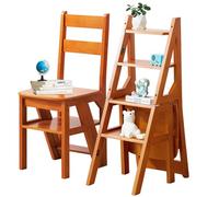 Solid Wood 3-in-1 Folding Step Ladder & Stool 4-Tier Multi-Functal Ladder for Home Kitchen Library 150 kg Capaci Slish Brown Design Space-Saving Solut (35 x 46 cm)