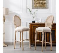 Solid Wood Bar Stools Set of 2 - Classic French Country Kitchen Chairs with Upholstered Seating and Rattan Back for High Bar Counter, 30” Height