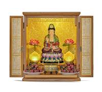 Solid Wood Buddha Meditation Altar Table with Cabinet Doors, Prayer Shrine Display, Pull-Out Drawer, LED Light for Bodhisattva, Rosewood Finish