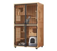 Solid Wood Cat Cage - Large 2-Tier Indoor Enclosure with Universal Wheels and Sisal Columns for Cats
