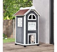 Solid Wood Cat Condo Furniture 2-Floor Pet Shelter, Grey and White, 109H cm