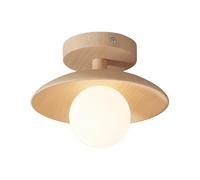Solid Wood Ceiling Lamp Modern Nordic Semi Flush Mount Ceiling Light, Globe Glass Shade Ceiling Lighting Aisle Light, Wood Close to Ceiling Lights for Bedroom Hallway Living Room/Natural/28Cm