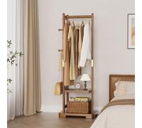 Solid Wood Coat Rack Freestanding, Coat Rack Stand with 2 Shelves & 4 Hooks, Coat Tree for Entryway, Hallway, Bedroom, Living Room, Office - Clothing Rack for Coats, Hats, Bags(Walnut Brown-18.11"W)