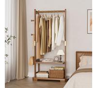 Solid Wood Coat Rack Freestanding, Coat Rack Stand with 2 Shelves & 4 Hooks, Coat Tree for Entryway, Hallway, Bedroom, Living Room, Office - Clothing Rack for Coats, Hats, Bags((Walnut Brown-25.98"W))