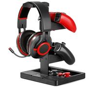 Solid Wood Controller Holder and Headphone Stand, Gaming Controller Stand for Desk, Dual Controller Organizer Rack, Fits Xbox, PS4, PS5, Gamepad, Headset Holder for Son, Husband, Boyfriend（Black）