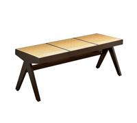 Solid Wood Dining Bench 54.3" Rattan Woven Entryway Seat Black Fur for Living Room & Dining Room & Perfect for Home Decor