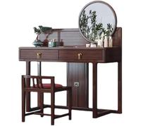 Solid Wood Dressing Table with Round Mirror & Stool - Modern Chinese Style Light Luxury Drawer Storage Cabinet for Bedroom