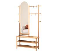 Solid Wood Entryway Coat Rack with Full-Length Mirror Freestanding Shoe Bench & Hooks - Stylish Storage for Living Room Hallway Mudroom - White (80cm/32'')