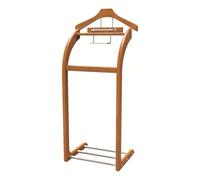 Solid Wood Floor Clothes Hanger - Stylish Men's Suit Rack with Contour Hanger, Trouser Bar, Tie & Belt Hooks, Top Tray & Shoe Rack for Coats & Pants (Wood Color)
