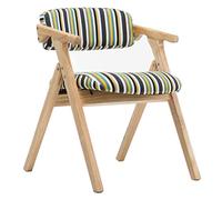 Solid Wood Folding Dining Chair Portable Outdoor Leisure Armchair with Linen Sponge Soft Backrest Green Stripe Pattern
