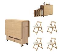 Solid Wood Folding Dining Table Set with 4 Chairs, Space-Saving Retractable Design for Living and Dining Rooms