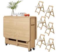 Solid Wood Folding Dining Table Set with 6 Upholstered Chairs - Space-Saving Modern Design for Dining Rooms, Balconies & Smals - Slish & Functal Fur