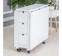 Solid Wood Folding Dining Table with Wheels - Space-Saving 6-8 Seater Kitchen Set with 8 Chairs & Drawers Ideal for Family Gatherings in Small Spaces