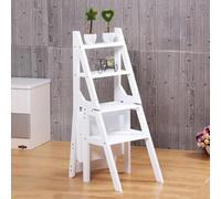 Solid Wood Folding Ladder Chair, 4-Step White Library Ladder, Protable Convertible Folding Chair Step Stool Display Stand for Home Outdoor