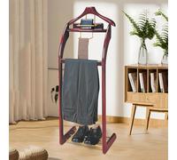 Solid Wood Free Standing Clothes Rack Men's Suit Hanger Coat & Pants nizer Features Contoured Hanger Top Tray & Pants Bar Stylish & Functional Storage Solution