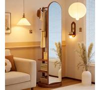 Solid Wood Full Length Mirror with Coat Rack and Storage Shelf, 360° Rotating Full Body Mirror, 3-in-1 Floor-Standing Dressing Mirrors for Bedroom Living Room Cloakroom