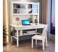 Solid Wood Home Office Desk with Storage Shelf Writing Desk & Hutch 120cm Study Table Workstation with Drawers & Bookshelf Grey Color with Chair