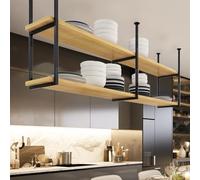 Solid Wood Kitchen Bar Ceiling Hanging Shelf - Overhead Storage Rack with Metal Frame, Easy Install Display Shelf for Wall Storage (130x30x80cm)