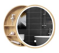 Solid Wood Mirrored Bathroom Cabinets With LED Light Strip,Bathroom Mirror Cabinets Round Bathroom Wall Cabinet,Push-pull Style Wall-mounted Storage Mirror Cabinet