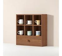 Solid Wood Multi-Layer Coffee Mug Holder with Drawer, Countertop Tea Cup Display Rack for Kitchen and Coffee Bar, Desktop Shelf for Mugs, Tea Cups(Walnut wood color,45*17*45cm/17.7*6.7*17.7in)