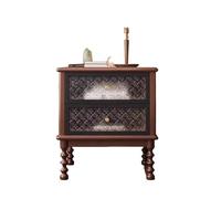 Solid Wood Nightstand, French Retro Bedroom Bedside Table with Textured Glass Doors, 2-Drawer Storage Cabinet, Mid-Century Vintage End Table(Brown01)