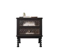 Solid Wood Nightstand, French Retro Bedroom Bedside Table with Textured Glass Doors, 2-Drawer Storage Cabinet, Mid-Century Vintage End Table(Black)