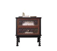 Solid Wood Nightstand, French Retro Bedroom Bedside Table with Textured Glass Doors, 2-Drawer Storage Cabinet, Mid-Century Vintage End Table(Black01)