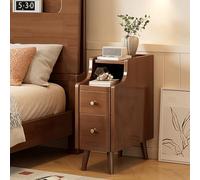 Solid Wood Nightstand, Mid Century Modern Bedside Table with Open Sliding Shelf, 2-drawer Night Stand Slim Narrow End Table for Bedroom, Easy Installation(30x40x50cm(12x16x20inch), Brown)