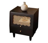 Solid Wood Nightstand with 2 Drawers Modern Accent Table with Rattan Door Farmhouse Side Table for Small Spaces Stylish End Table for Living Room & Bedroom (43 x 40 x 48 cm)