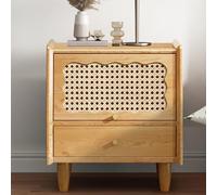 Solid Wood Nightstand with Rattan-Decorated Drawers, Sturdy Bedside Table for Bedroom & Living Room, Large Storage Drawer, Stylish Small Coffee Table (Color:)