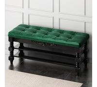 Solid Wood Ottoman Stool with Tufted Seat, 3-Tier Sto Bench & Shoe Rack for Living Room, Bedroom, Entryway - Brown, 90x30x48cm (35x12x19inch)