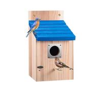 Solid Wood Outdoor Bird Nest Box Blue Slanted Roof Predator Resistant Entry | Outdoor Wooden Bird House Thick Solid Wood Blue Slanted Roof Metal Reinforced Entry Predator Guard Round Perch For Garden